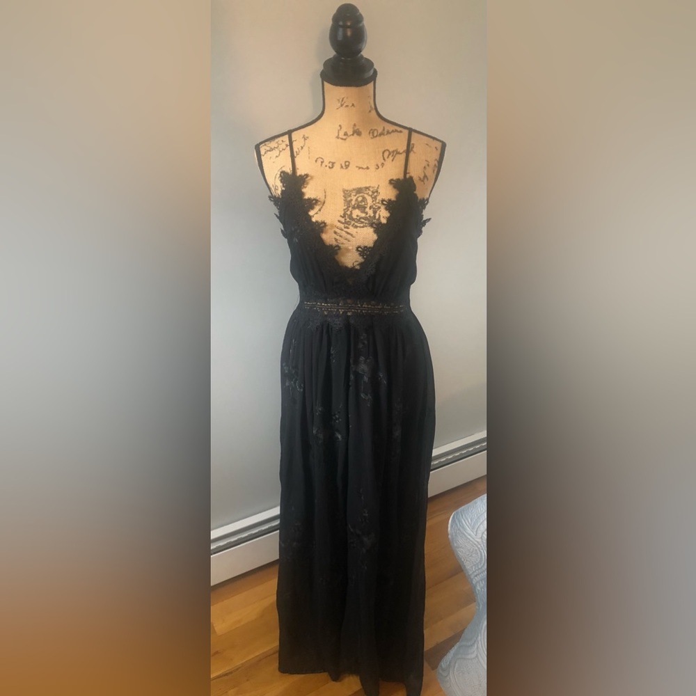 DEEP V NECK BLACK MAXI DRESS WITH SHEER LACE DETAILING - LINED, ADJUSTABLE STRAP